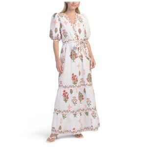 CELINA MOON "Floral Stamp" Short Puff Sleeve Woven Maxi Dress Floral White/Red L